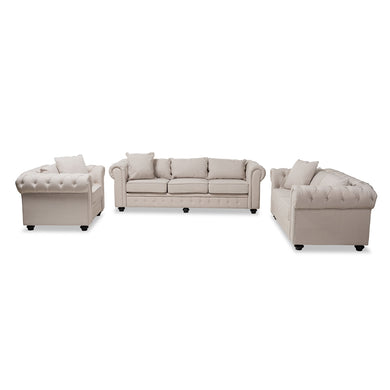 BAXTON STUDIO ALAISE MODERN CLASSIC BEIGE LINEN TUFTED SCROLL ARM CHESTERFIELD 3-PIECE LIVING ROOM SET