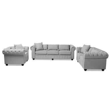 BAXTON STUDIO ALAISE MODERN CLASSIC GREY LINEN TUFTED SCROLL ARM CHESTERFIELD 3-PIECE LIVING ROOM SET